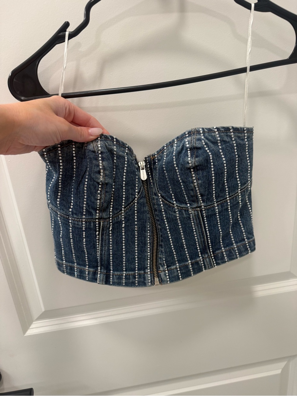 Denim Rhinestone Skirt & Strapless Top Set